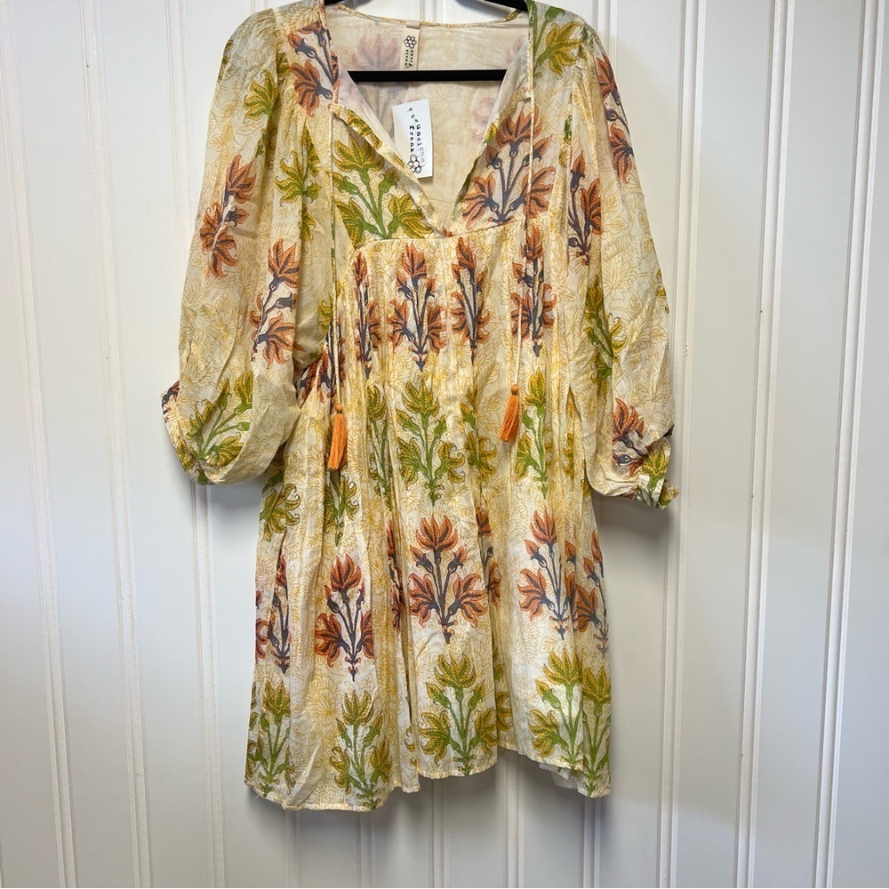 Uncle Frank Boho Floral Dress M NWT 100% Cotton Tassel V-Neck Flowy Cottagecore